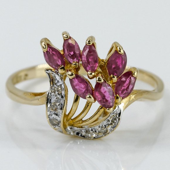 10k Gold Ruby & Diamond Flowers Ring - Picture 1 of 4